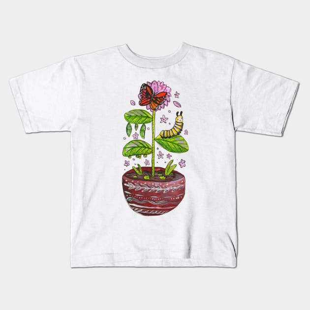 Life Cycle of Monarch Butterfly in Gouache Kids T-Shirt by narwhalwall